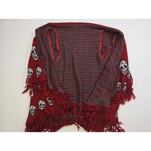 Burgundy Maroon Red & Black Skull Poncho Shawl With Fringe OS Whimsigoth - Picture 4 of 5